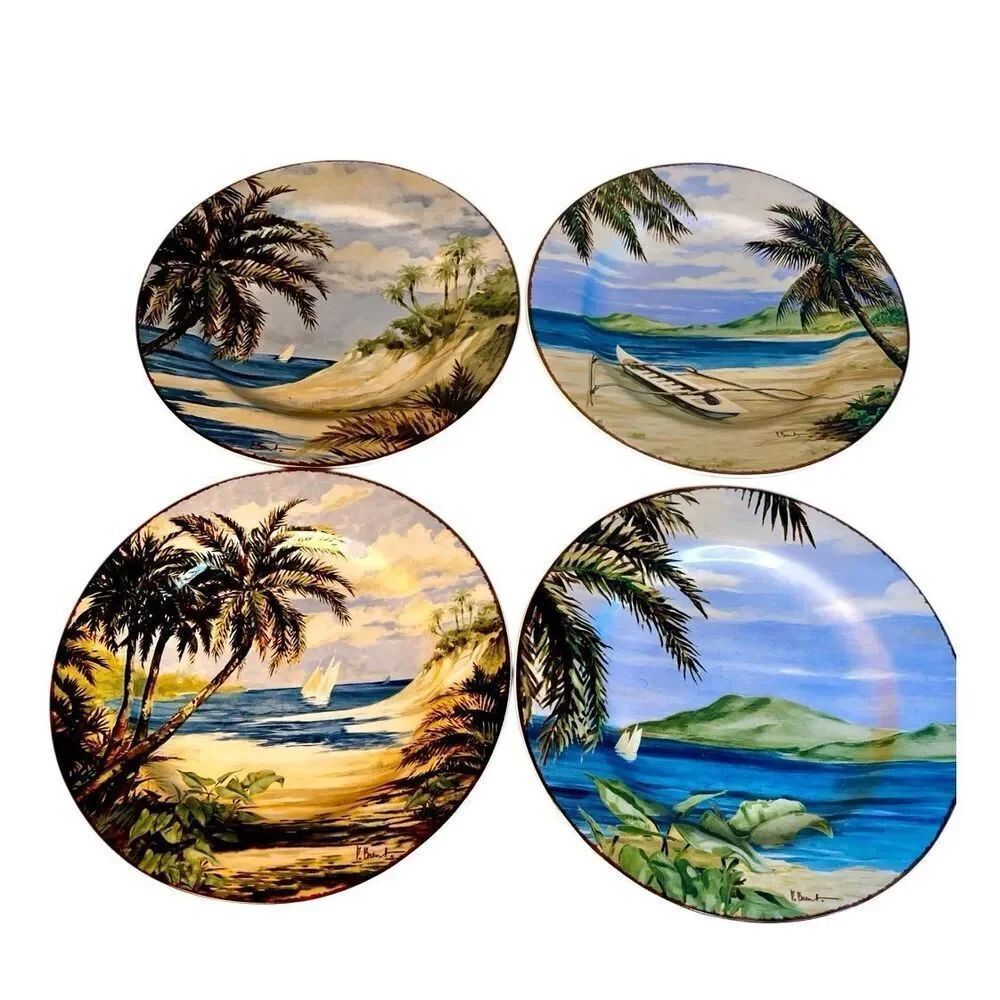 Set of 4 Paul Brent Sakura Plantation Home Tropical Plate Set.